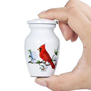 icokee red cardinal bird small keepsake urn for human ashes or pet ashes – aluminum mini cremation urn for ashes – white memorial ashes holder – qty 1- with velvet bag