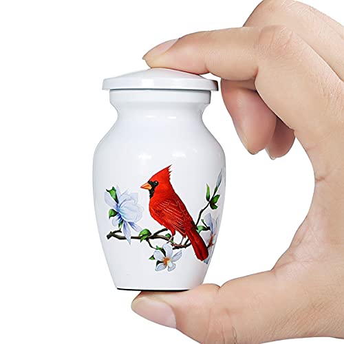 ICOKEE Red Cardinal Bird Small Keepsake Urn for Human Ashes or Pet Ashes - Aluminum Mini Cremation Urn for Ashes - White Memorial Ashes Holder - Qty 1- with Velvet Bag