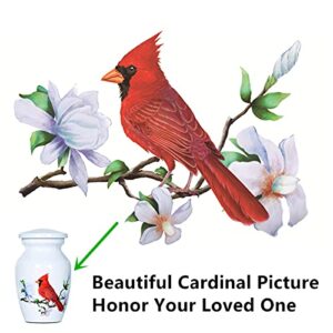 ICOKEE Red Cardinal Bird Small Keepsake Urn for Human Ashes or Pet Ashes - Aluminum Mini Cremation Urn for Ashes - White Memorial Ashes Holder - Qty 1- with Velvet Bag