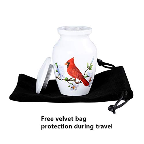 ICOKEE Red Cardinal Bird Small Keepsake Urn for Human Ashes or Pet Ashes - Aluminum Mini Cremation Urn for Ashes - White Memorial Ashes Holder - Qty 1- with Velvet Bag