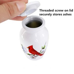 ICOKEE Red Cardinal Bird Small Keepsake Urn for Human Ashes or Pet Ashes - Aluminum Mini Cremation Urn for Ashes - White Memorial Ashes Holder - Qty 1- with Velvet Bag