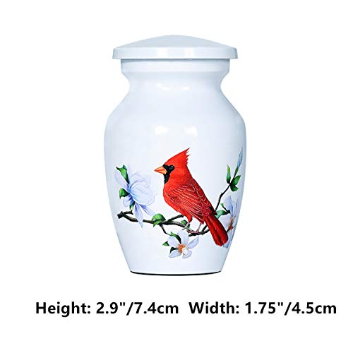 ICOKEE Red Cardinal Bird Small Keepsake Urn for Human Ashes or Pet Ashes - Aluminum Mini Cremation Urn for Ashes - White Memorial Ashes Holder - Qty 1- with Velvet Bag