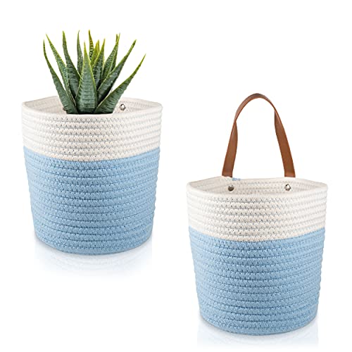 VASS Group 2-Pack 100% Cotton Rope Baskets with Leather Handles – 8”x 7” Sturdy Hanging Woven Wall Storage Bins for Home Decor Organizing – Blue