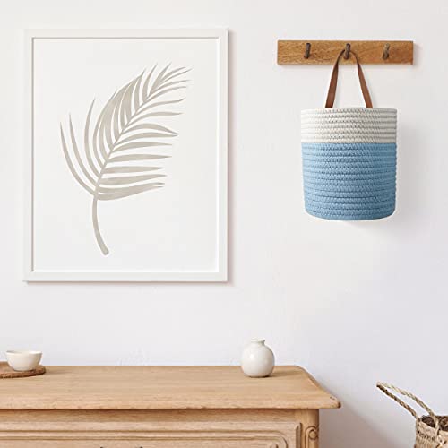 VASS Group 2-Pack 100% Cotton Rope Baskets with Leather Handles – 8”x 7” Sturdy Hanging Woven Wall Storage Bins for Home Decor Organizing – Blue