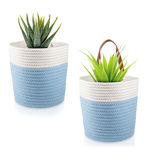 VASS Group 2-Pack 100% Cotton Rope Baskets with Leather Handles – 8”x 7” Sturdy Hanging Woven Wall Storage Bins for Home Decor Organizing – Blue