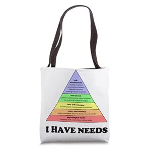 i have needs – funny maslow’s hierarchy of needs psychology tote bag