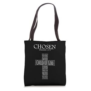 chosen ephesians 1:3-5 tshirt with cross word collage tote bag
