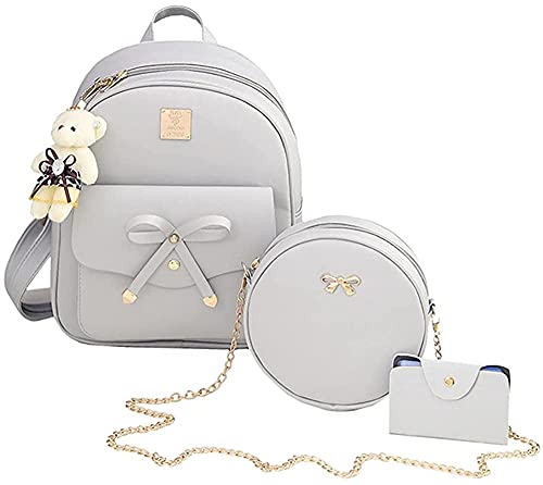 Girls 3-Pieces Fahsion Bowknot Leather Backpack with Bear Pendant Mini Backpack Purse for Women Teen Girls (Gray)