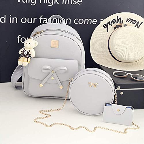 Girls 3-Pieces Fahsion Bowknot Leather Backpack with Bear Pendant Mini Backpack Purse for Women Teen Girls (Gray)