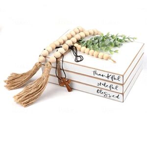 Stacked Book Decoration, New Bundle Bead Garland and Wood Cross Pendant - Book Stack for Farmhouse Table - Rustic Accent for End Table Coffee Table or Shelves