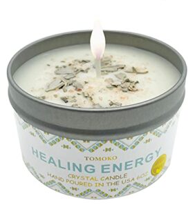 white sage candle, sage leaf, himalayan crystal salt & essential oil, healing energy, crystal candle