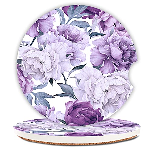 Purple Floral Cup Holders Car Coasters Set for Women Girl,Pretty Design Keep Cup Holders Clean and Dry,Drink Cup Car Holder Coasters with A Finger Notch 2.56" Pack of 2