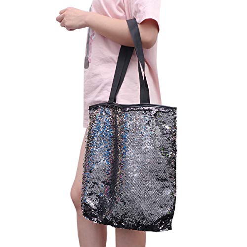 PartyKindom Travel Tote Bag Tote Bag Sequin Large Capacity Handbag Shoulder Bag Woman Shopping Bag- Black Versa Tote