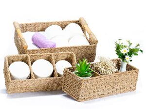 3 compartment storage baskets for organizing, seagrass toilet paper small basket, large seagrass storage baskets for shelves, set of hand-woven natural wicker storage basket – 3 pack