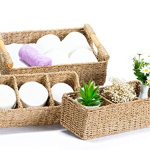 3 Compartment Storage Baskets for Organizing, Seagrass Toilet Paper Small Basket, Large Seagrass Storage Baskets for Shelves, Set of Hand-Woven Natural Wicker Storage Basket - 3 pack