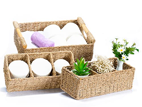 3 Compartment Storage Baskets for Organizing, Seagrass Toilet Paper Small Basket, Large Seagrass Storage Baskets for Shelves, Set of Hand-Woven Natural Wicker Storage Basket - 3 pack