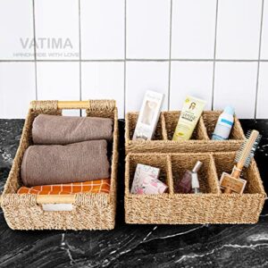 3 Compartment Storage Baskets for Organizing, Seagrass Toilet Paper Small Basket, Large Seagrass Storage Baskets for Shelves, Set of Hand-Woven Natural Wicker Storage Basket - 3 pack