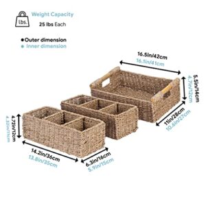 3 Compartment Storage Baskets for Organizing, Seagrass Toilet Paper Small Basket, Large Seagrass Storage Baskets for Shelves, Set of Hand-Woven Natural Wicker Storage Basket - 3 pack