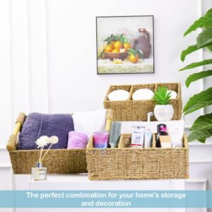 3 Compartment Storage Baskets for Organizing, Seagrass Toilet Paper Small Basket, Large Seagrass Storage Baskets for Shelves, Set of Hand-Woven Natural Wicker Storage Basket - 3 pack