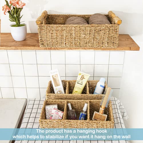 3 Compartment Storage Baskets for Organizing, Seagrass Toilet Paper Small Basket, Large Seagrass Storage Baskets for Shelves, Set of Hand-Woven Natural Wicker Storage Basket - 3 pack