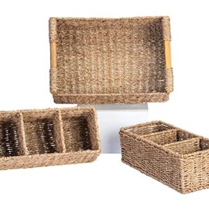 3 Compartment Storage Baskets for Organizing, Seagrass Toilet Paper Small Basket, Large Seagrass Storage Baskets for Shelves, Set of Hand-Woven Natural Wicker Storage Basket - 3 pack