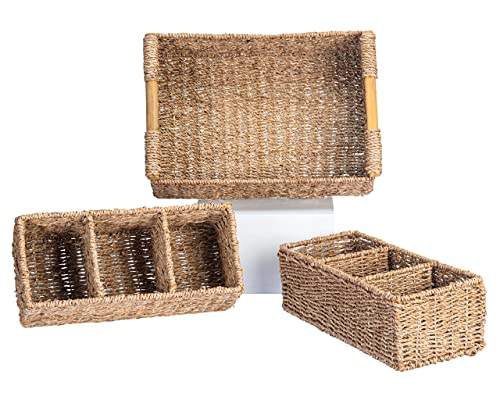 3 Compartment Storage Baskets for Organizing, Seagrass Toilet Paper Small Basket, Large Seagrass Storage Baskets for Shelves, Set of Hand-Woven Natural Wicker Storage Basket - 3 pack