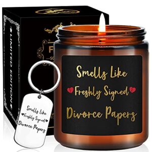 Fufandi Funny Divorce Gifts for Women - Unique Divorce Candle Gift - Breaking Up Gifts for Best Friends, Sister, Coworkers, Her, BFF, Female Friends - Lavender Scented Candles with Keychain