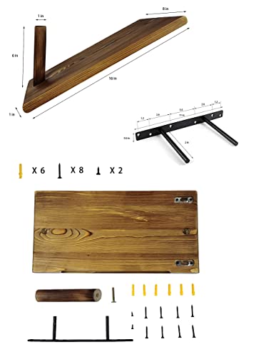 Meng Club Multi-use Rustic Long Mounted Corner Decorative Dark Wall Floating Bookshelf with 30 Degree Angle Wooden Bar for Living Room, Solid Pine Wood Wall Book Shelves Set for Hanging Coats Hook