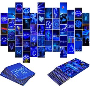 blue neon wall collage kit aesthetic pictures, 50pcs room decor indie aesthetic for teen girls boys bedroom wall posters, mysterious photo dorm decorations, blue aesthetic wall images with 4×6”