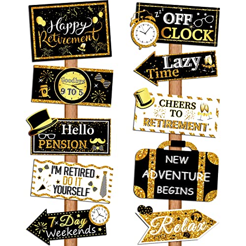 20 Pieces Retirement Party Sign Happy Retirement Party Directional Sign Retired Yard Sign Retirement Hanging Cards for Happy Retirement Party Supplies, 10 Styles (Black, Gold, White)