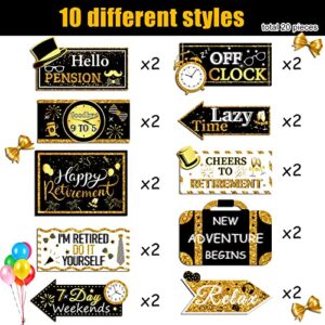 20 Pieces Retirement Party Sign Happy Retirement Party Directional Sign Retired Yard Sign Retirement Hanging Cards for Happy Retirement Party Supplies, 10 Styles (Black, Gold, White)