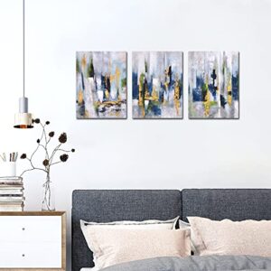 Yuegit Blue Abstract Canvas Wall Art for Living Room :3 Piece Wall Art Framed for Bedroom Wall Decor Coastal Abstract Wall Art Ready To Hang 12X16 Inch Each
