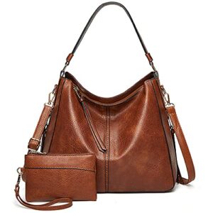 meobvg hobo bag handbags and purses for women, pu leather large tote shoulder crossbody shoulder bags set 2pcs (brown)