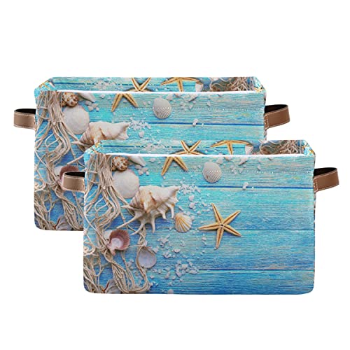 AUUXVA Summer Beach Wooden Starfish Storage Bins Basket, Ocean Seashell Nautical Collapsible Storage Cube Rectangle Storage Box with Handles for Shelf Closet Nursery Bedroom Home Office 1 Pack