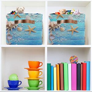 AUUXVA Summer Beach Wooden Starfish Storage Bins Basket, Ocean Seashell Nautical Collapsible Storage Cube Rectangle Storage Box with Handles for Shelf Closet Nursery Bedroom Home Office 1 Pack