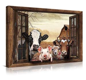 familypers cow wall art friends in the window landscape cattle prints rustic funny animals wall decor paintings retro home decoration for living room country farmhouse 16×24 inch