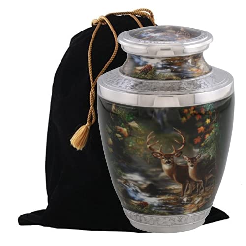 Forest Deer Cremation Urn, Handcrafted Metal Urn for Human Ashes, Adult Cremation Urn with Velvet Bag