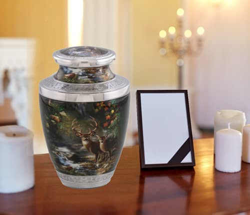 Forest Deer Cremation Urn, Handcrafted Metal Urn for Human Ashes, Adult Cremation Urn with Velvet Bag
