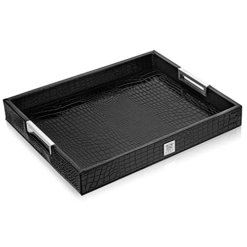 COZY GATHERINGS Leather Decorative Tray Glossy Black Crocodile Alligator with Shiny Metal Handles Storage Serving Trays for Coffee Table, Dinning, Kitchen, Ottoman, Living Room & Modern Home Décor