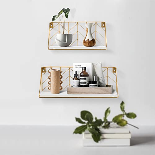 ROSE BLOOM Floating Shelves Wall Mounted Set of 2, Wood Storage Shelf with Metal Wire Basket for Bedroom, Living Room, Bathroom, Kitchen, Office, Arrow Design