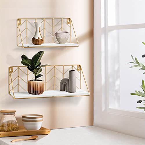 ROSE BLOOM Floating Shelves Wall Mounted Set of 2, Wood Storage Shelf with Metal Wire Basket for Bedroom, Living Room, Bathroom, Kitchen, Office, Arrow Design