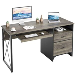 bestier industrial desk with storage drawers 55 inch writing study computer table workstation with keyboard tray for home office, dark gray oak
