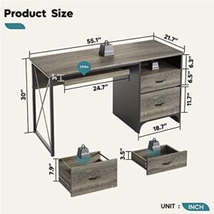 Bestier Industrial Desk with Storage Drawers 55 inch Writing Study Computer Table Workstation with Keyboard Tray for Home Office, Dark Gray Oak