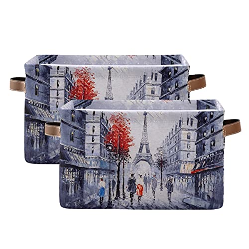 AUUXVA Paris Eiffel Tower Storage Bins Basket, Art Painting Romantic France Collapsible Storage Cube Rectangle Storage Box with Handles for Shelf Closet Nursery Bedroom Home Office 2 Pack