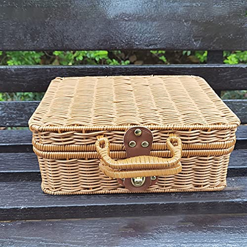 yidexin Seagrass Baskets Wicker, Artificial Rattan Storage Box, Rattan Suitcase Woven Artificial Wooden Leather Look Strap, Lock Organizer Storage, 29.52112 CM