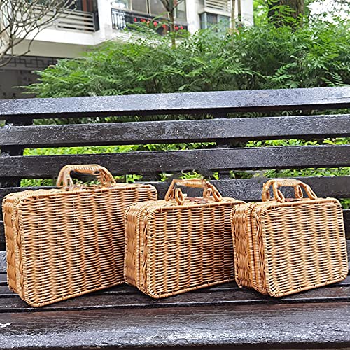 yidexin Seagrass Baskets Wicker, Artificial Rattan Storage Box, Rattan Suitcase Woven Artificial Wooden Leather Look Strap, Lock Organizer Storage, 29.52112 CM