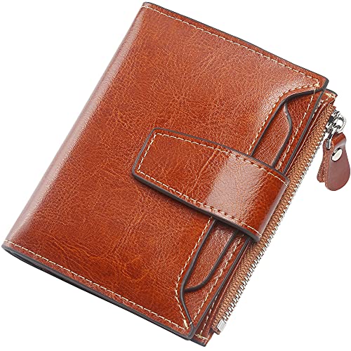 Lavemi Small Compact Women Wallet RFID Blocking Genuine Leather Bifold Purse with ID Windows(Brown)