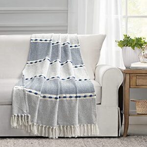 lush decor herringbone stripe yarn dyed cotton woven tassel blanket, 60″ x 50″, navy