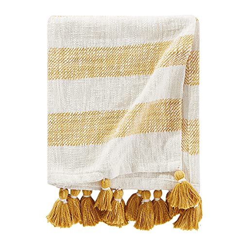 Brielle Home Lara Striped Cotton Throw Blanket, Yellow, 50x60