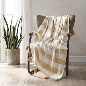 Brielle Home Lara Striped Cotton Throw Blanket, Yellow, 50x60